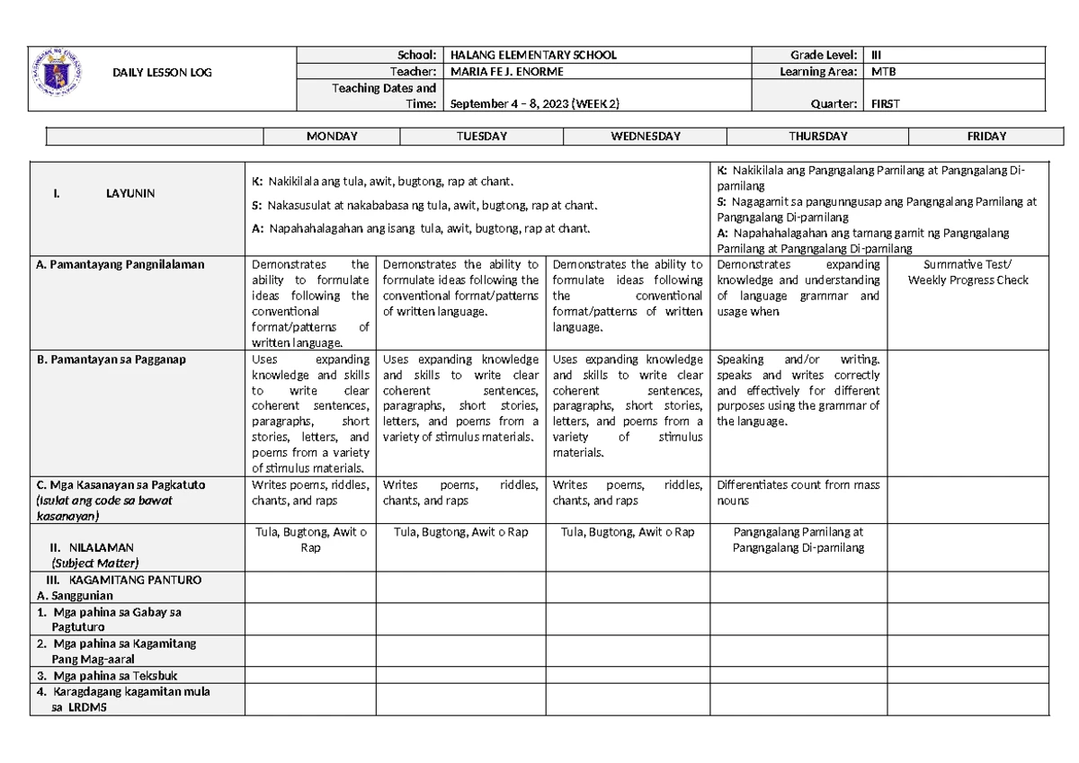 DLL Mathematics 3 Q1 W2 Daily Lesson Log and Activities - Studocu