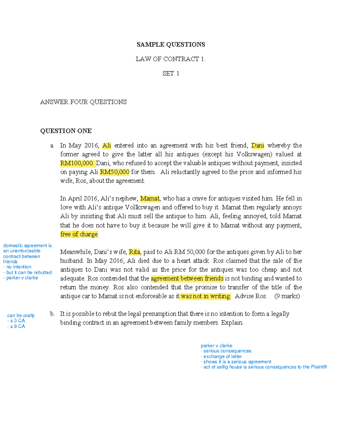 LAW 1210 - Sample Questions on Law of Contract: Set 1 Analysis - Studocu