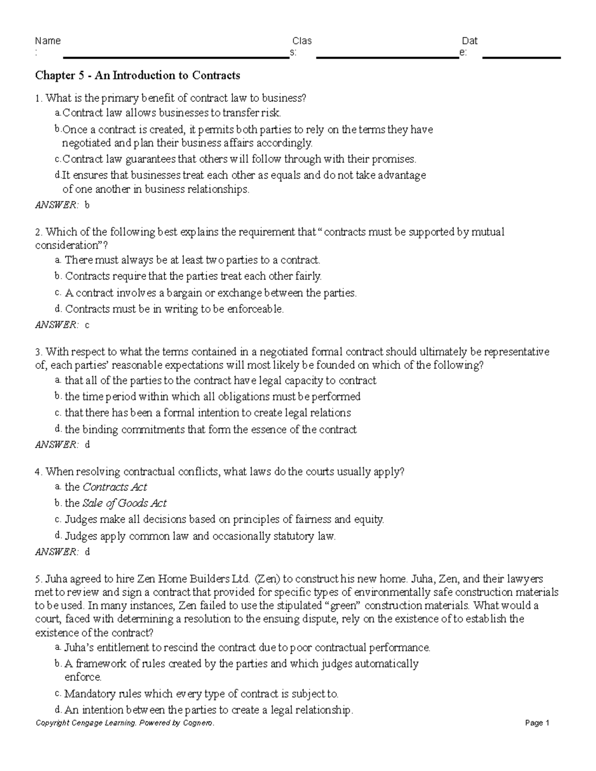 Chapter 5: Intro to Contracts - Key Concepts and Legal Principles - Studocu