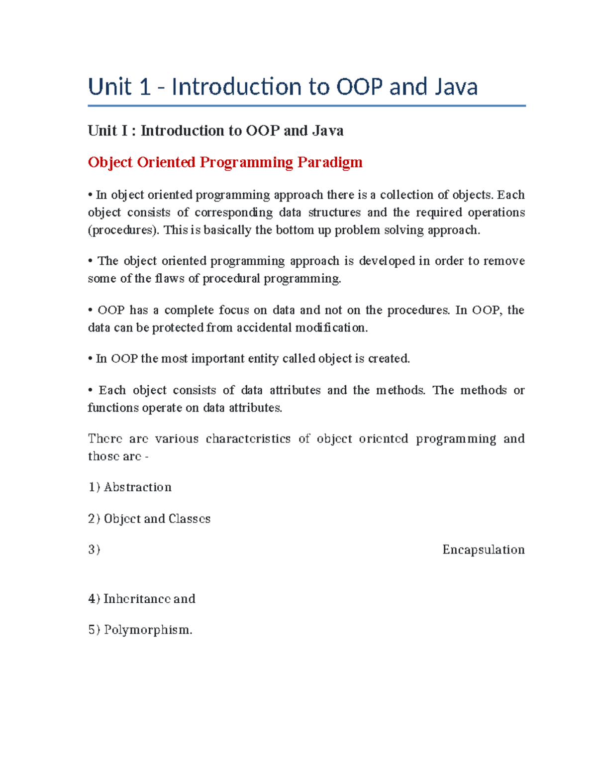 Unit 1: Intro to OOP & Java - Concepts & Applications - Studocu