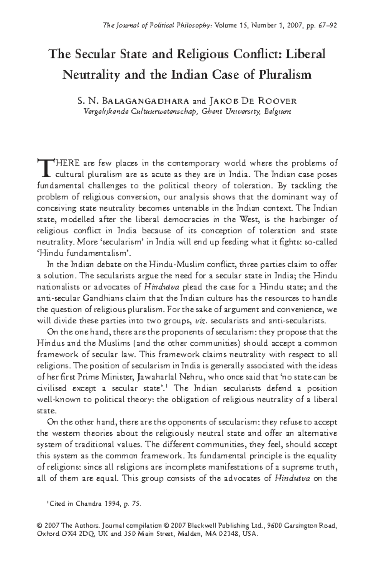 The Secular State and Religious Conflict: Analyzing Pluralism in India ...