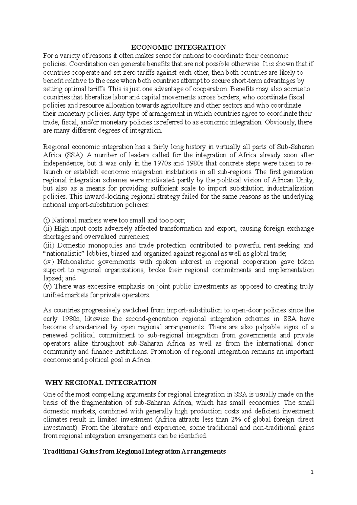 Economic Integration - Lecture notes 1 - ECONOMIC INTEGRATION For a ...