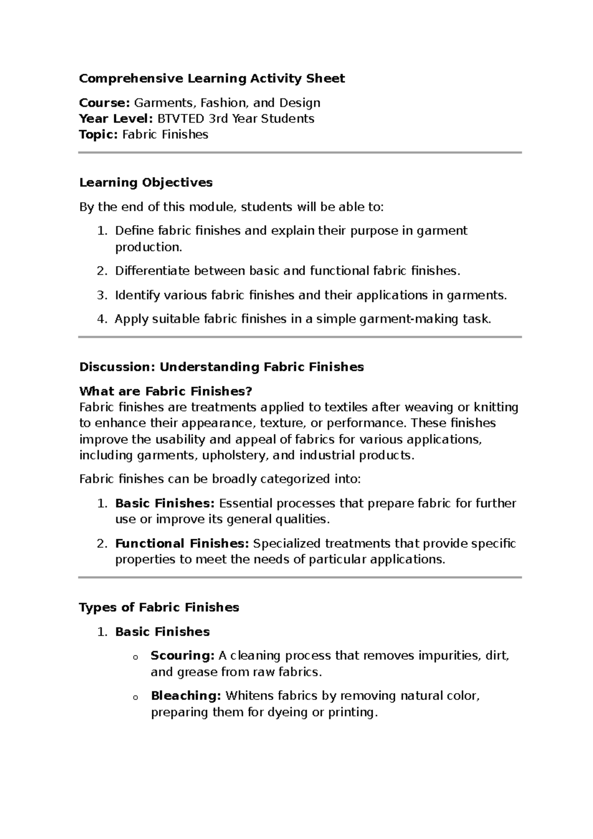 Learning Activity Sheet Lesson 5 Fabric Finishes - Comprehensive ...
