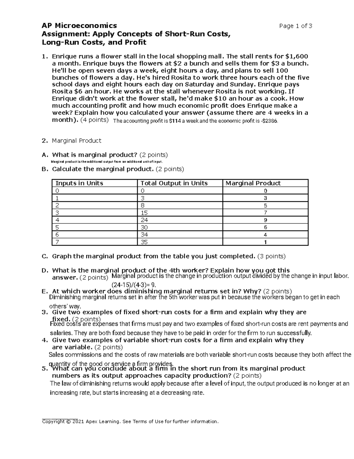 AP Microeconomics Assignment: Analyzing Costs and Profits - Studocu