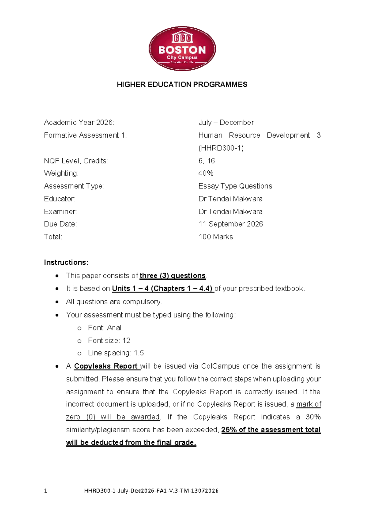 HHRD300-1: Formative Assessment 1 - Human Resource Development - Studocu
