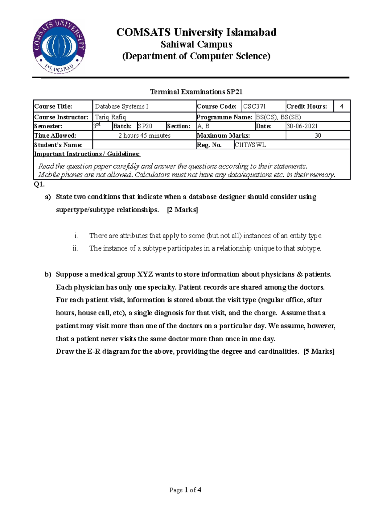 Terminal Exam SP21 - Final Paper for CSC371: Database Systems I - Studocu