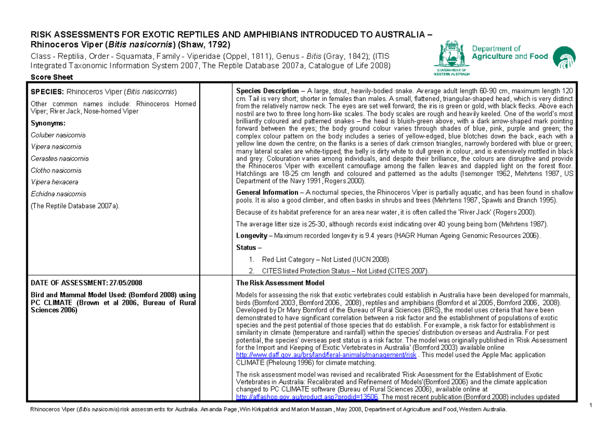 Bitis nasicornis Rhino viper 230410 - 1 RISK ASSESSMENTS FOR EXOTIC ...