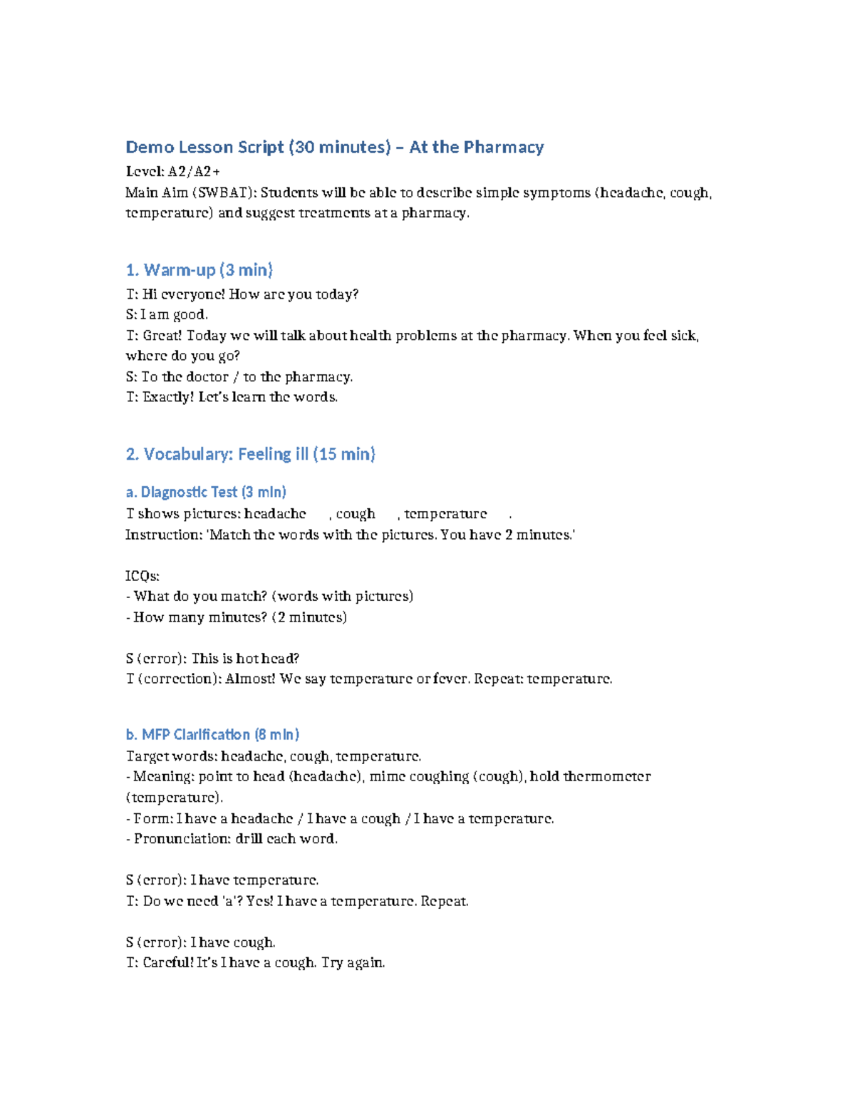 Demo Lesson Script: Pharmacy Symptoms & Treatments (30 min) - Studocu