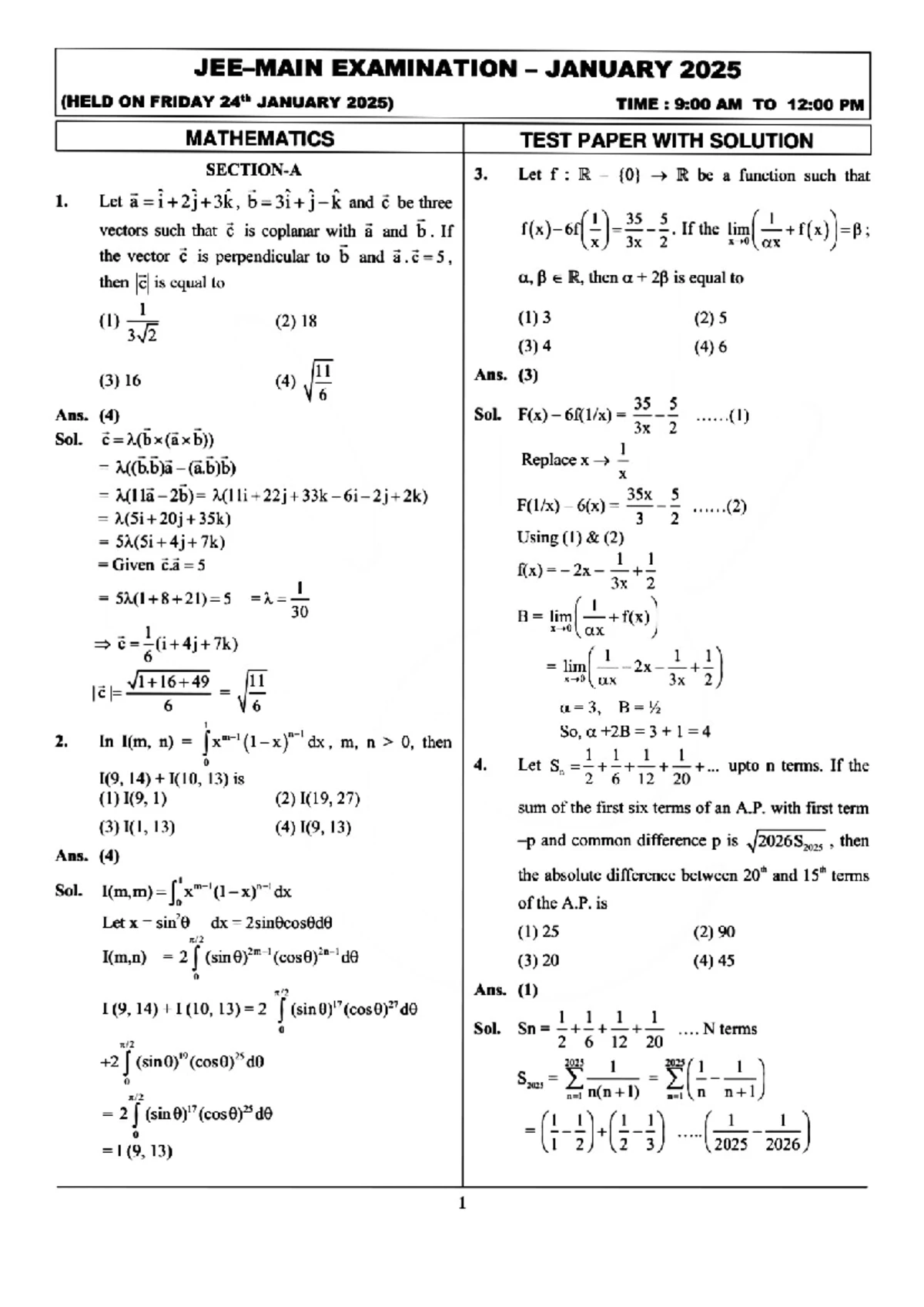 Mathematics 2025 Exam Paper with Solutions - 23 Jan Shift - Studocu