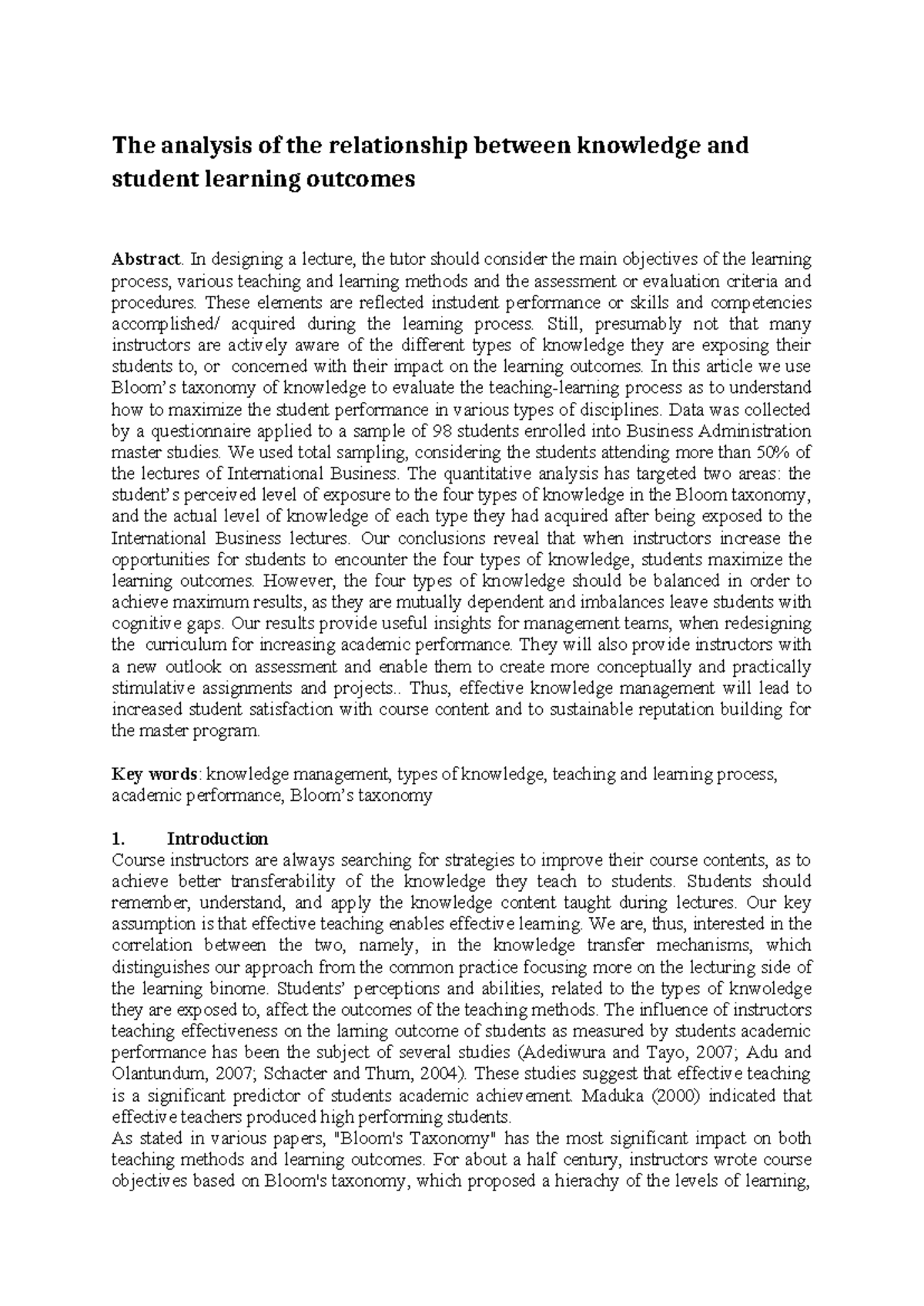 Analysis of Knowledge Types and Student Outcomes in IB Course (ECKM ...