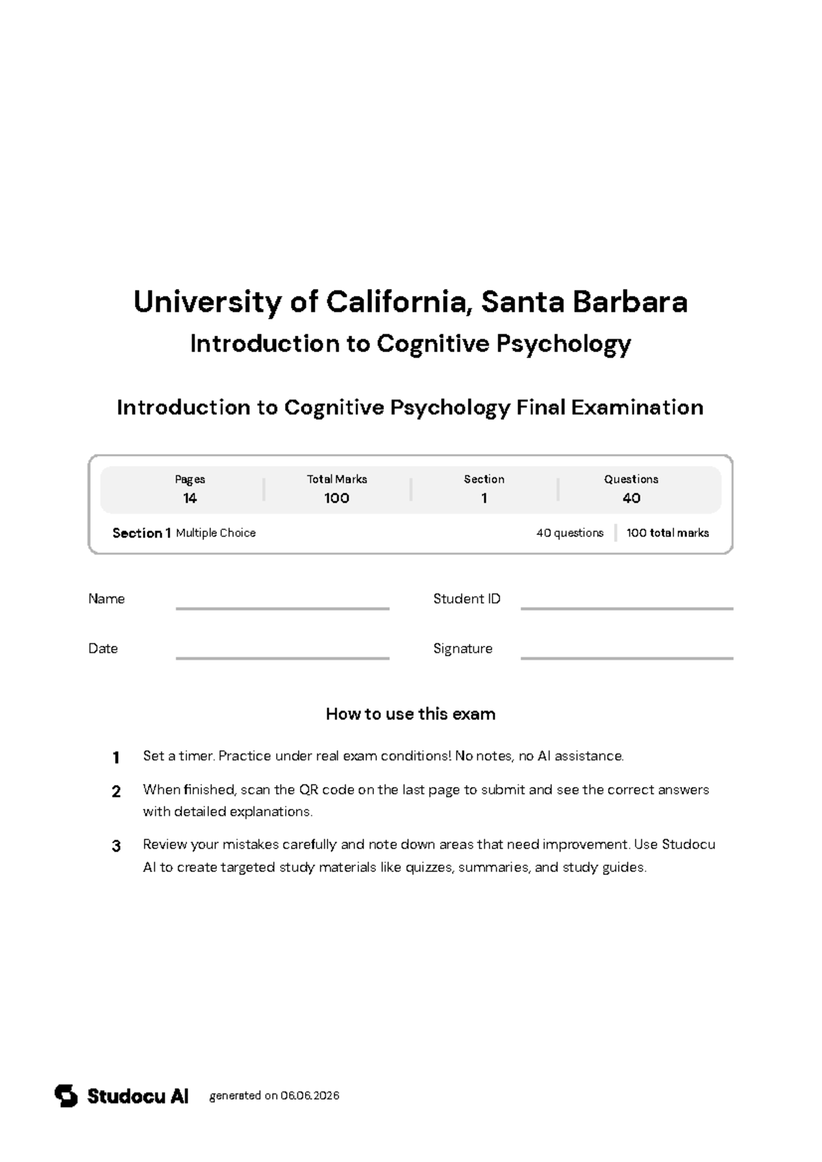 Introduction to Cognitive Psychology Final Exam - Studocu