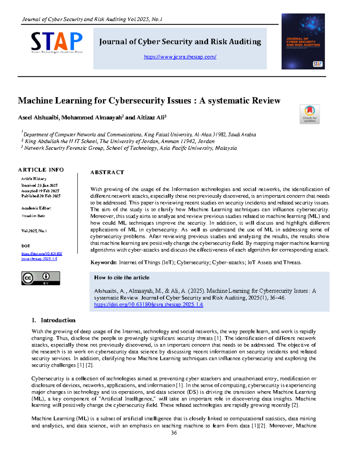 Machine Learning for Cybersecurity Issues: A Systematic Review (CSRA ...