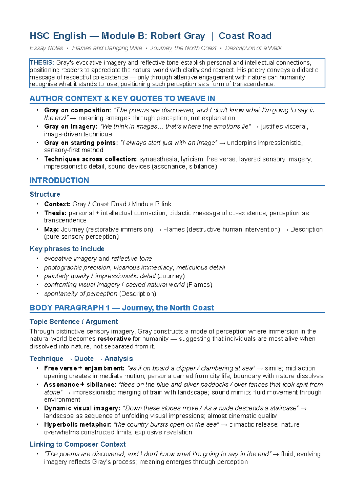 Robert Gray Module B: Coast Road Poetry Analysis Notes - Studocu