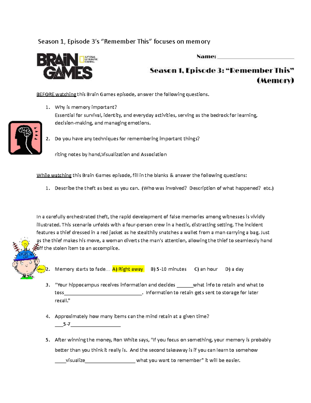 Brain Games Memory Assignment - Season 1 Episode Insights - Studocu