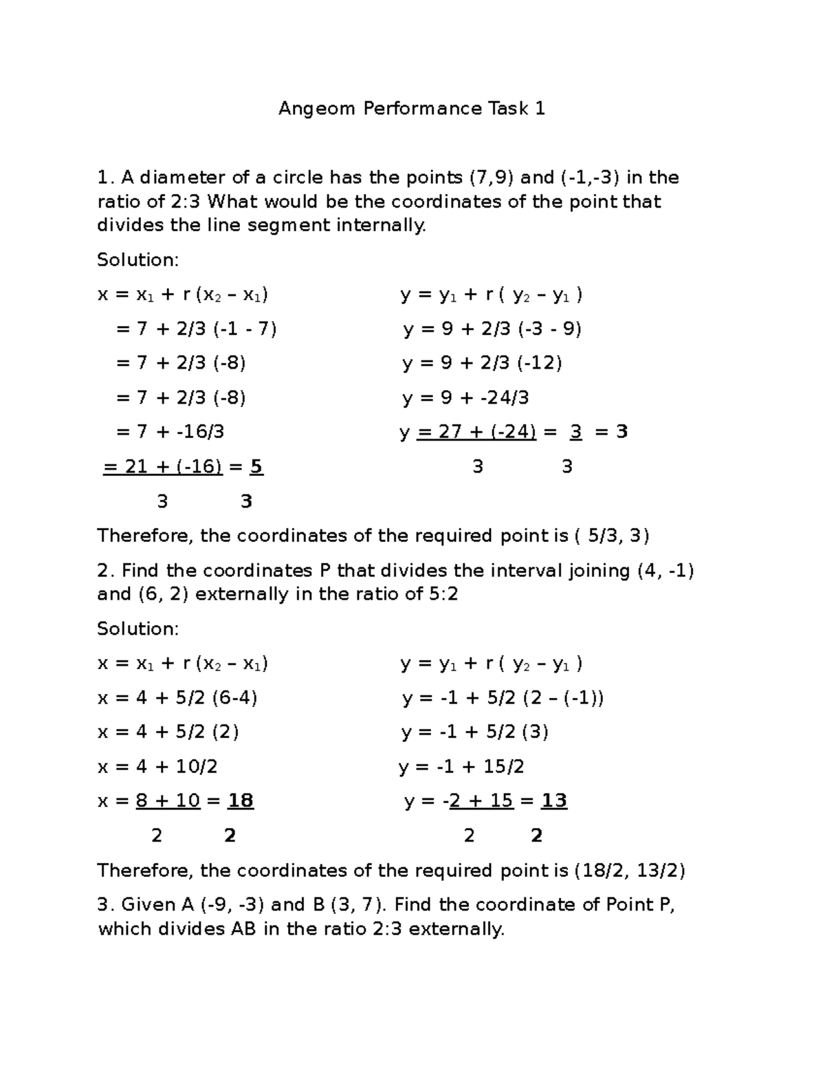 Analytical Geometry Performance Task #1 Internal and External Division ...