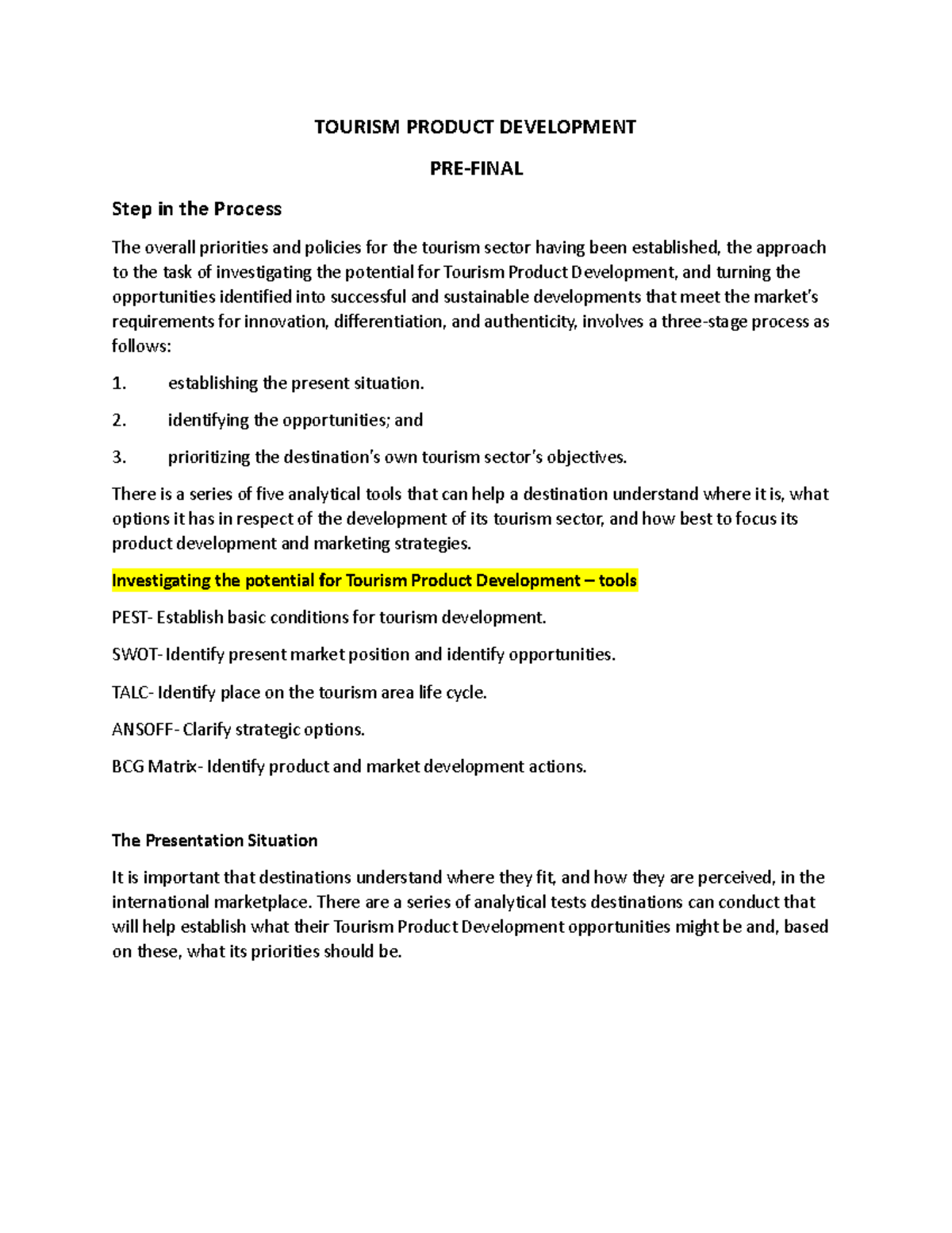 Tourism Product Development - PRE-FINAL Review and Insights - Studocu