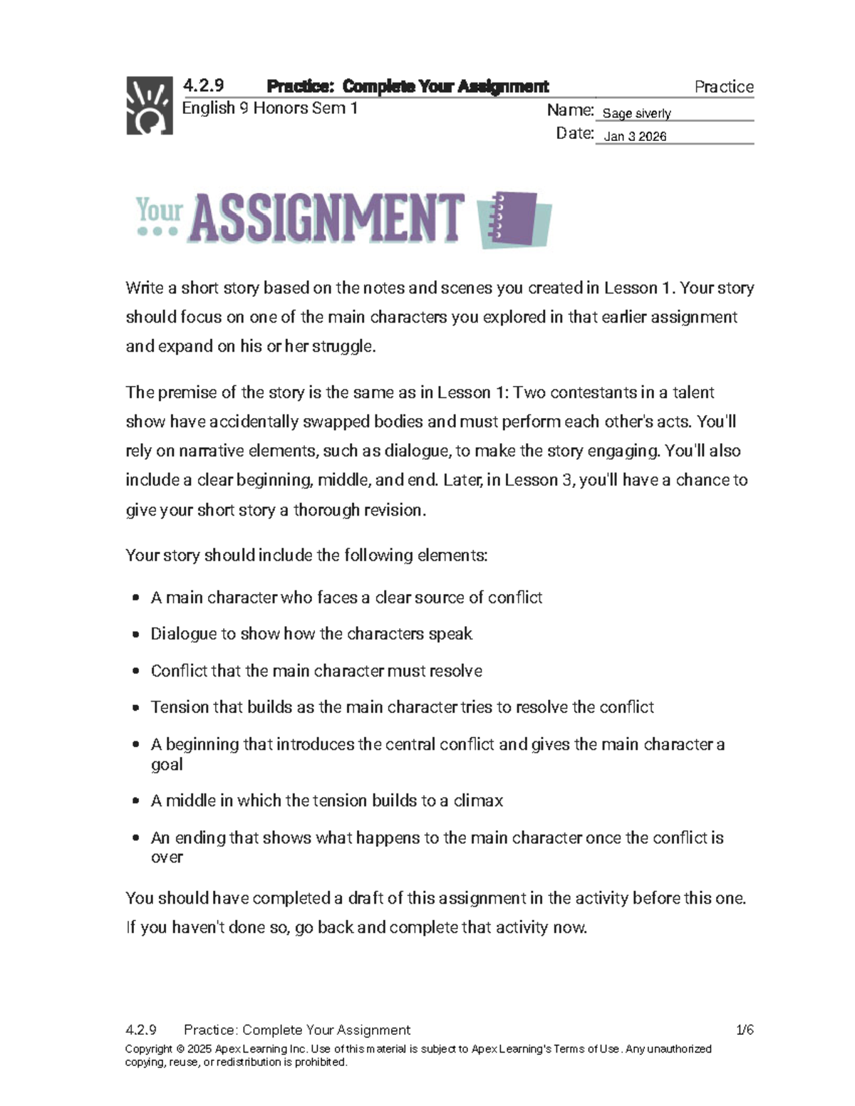 4.2.9 Practice: Short Story Assignment for English 9 Honors - Studocu