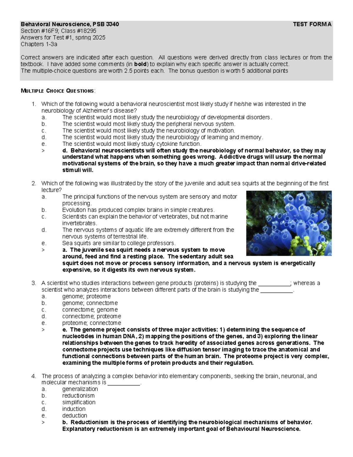 BN Exam 1 A - it is a practice test - Behavioral Neuroscience, PSB 3340 ...