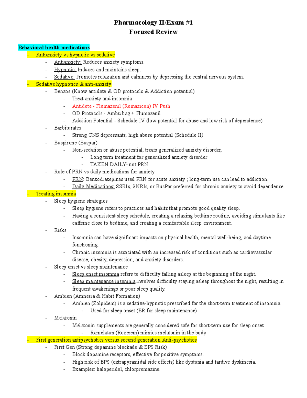 Pharmacology II Exam 1 Study Guide: Key Concepts and Medications - Studocu