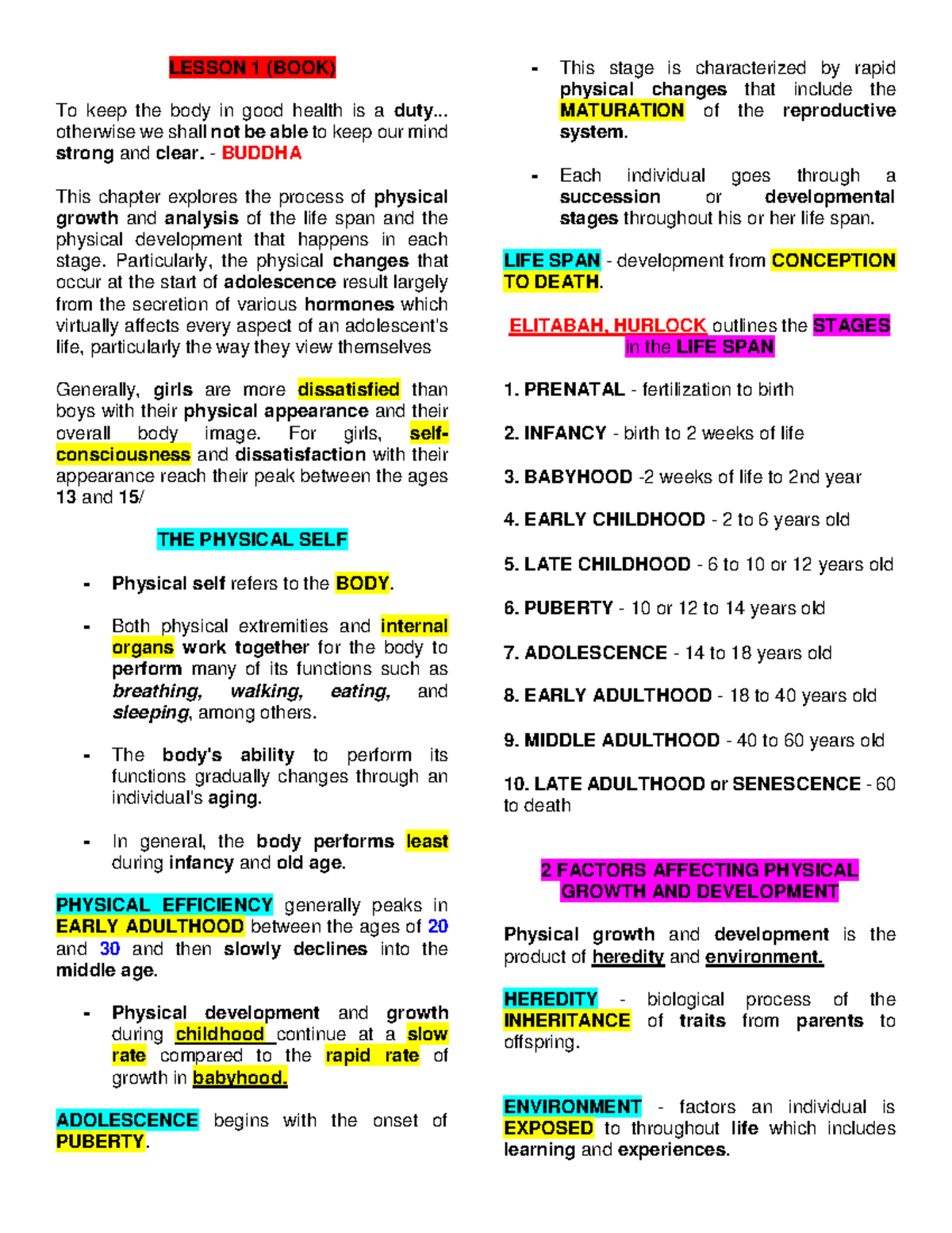 1 Physical SELF - useful notes - LESSON 1 (BOOK) To keep the body in ...
