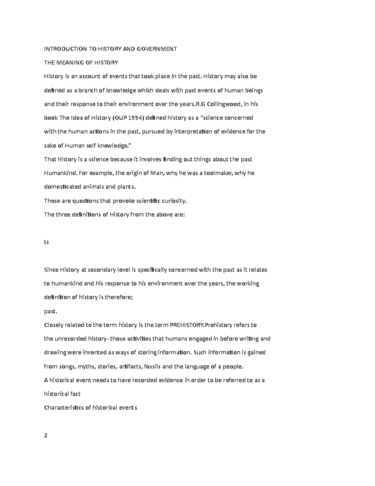 Notes 12 - INTRODUCTION TO HISTORY AND GOVERNMENT THE MEANING OF ...