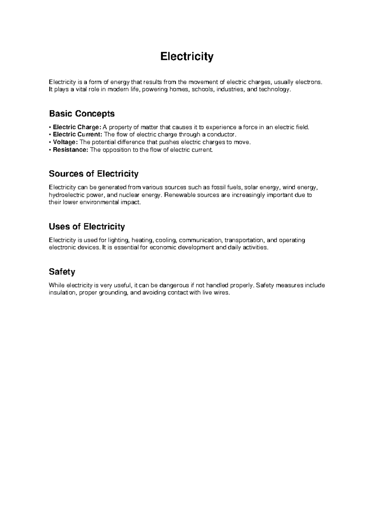 Electricity Overview: Key Concepts and Safety Measures - Studocu