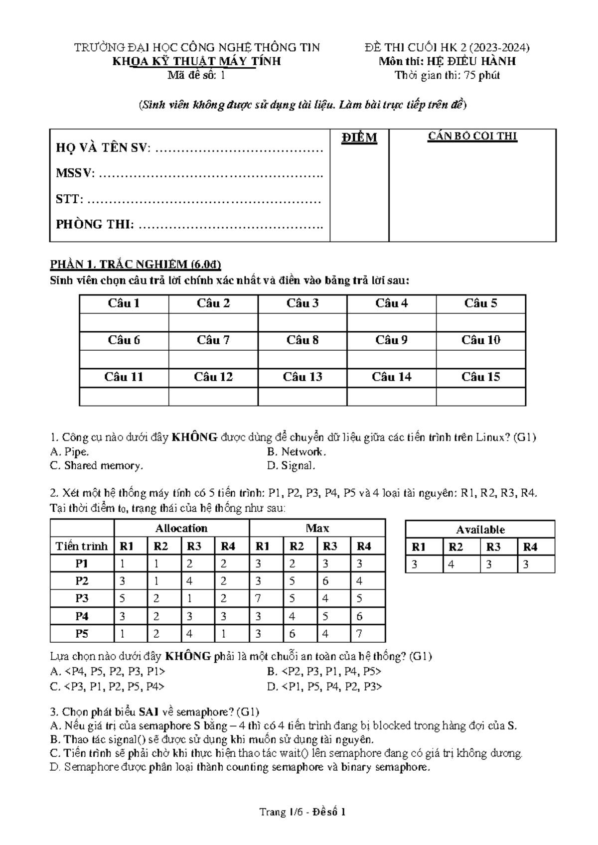 CK HK2 2023-2024 Đề Thi Cuối Kỳ Hệ Điều Hành Mã Đề 1 - Studocu