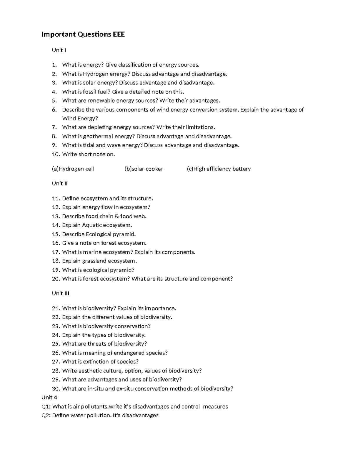 EEE Important Questions for Midterm Exam: Energy & Ecosystems - Studocu