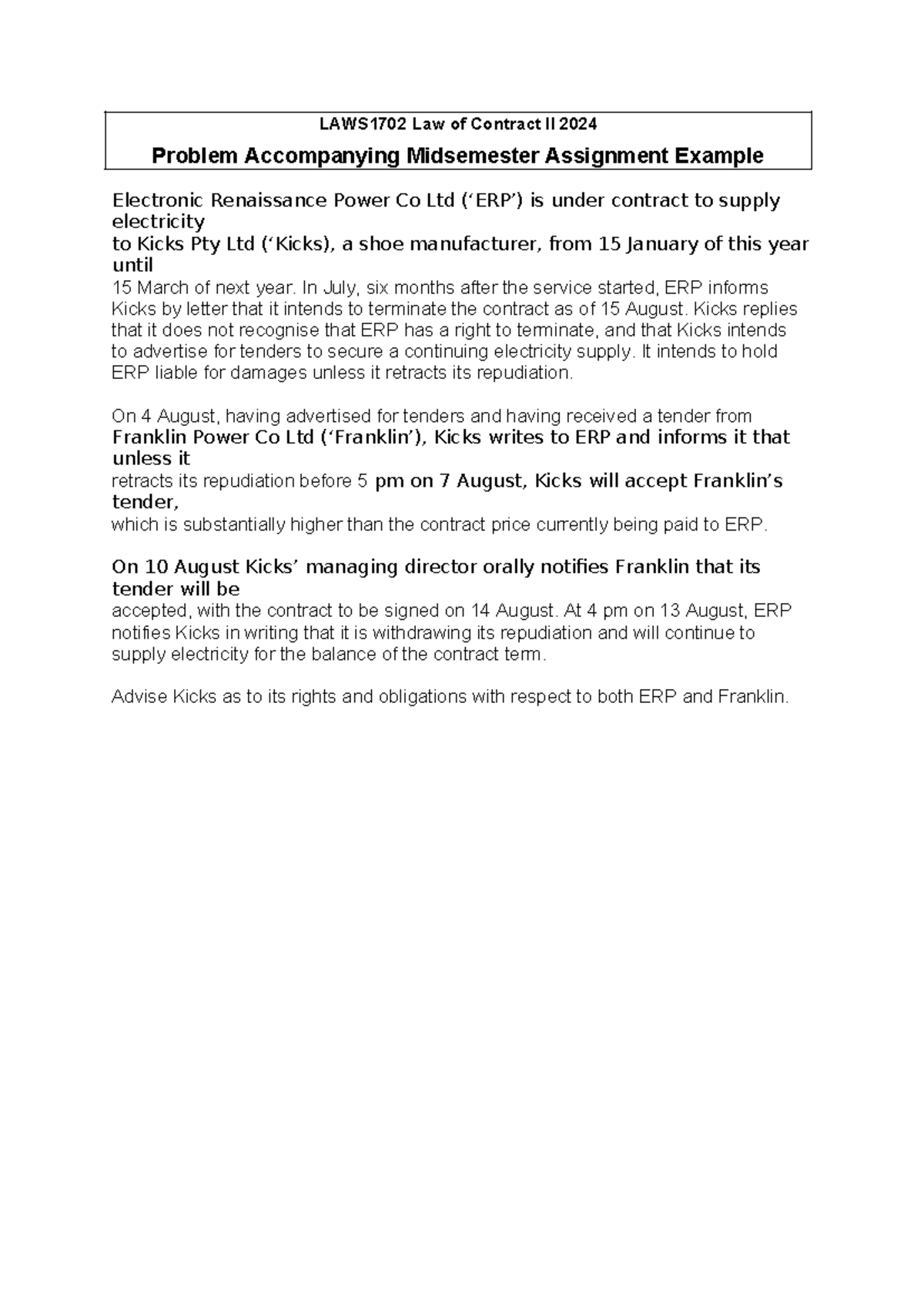 LAWS1702 Law of Contract II 2024 Midsemester Assignment Example ...