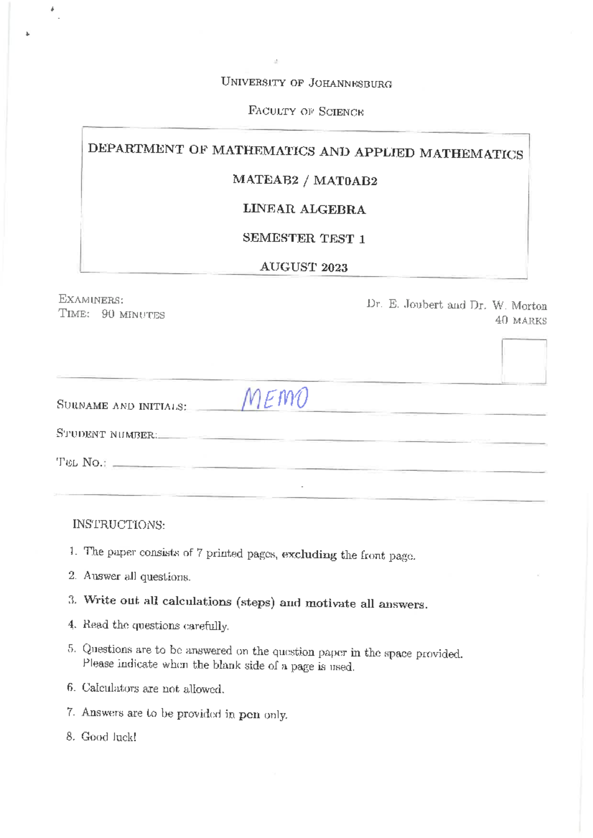 MATEAB2 MAT0AB2 LINEAR ALGEBRA SEMESTER TEST 1 MEMO AUGUST 2023 - Studocu