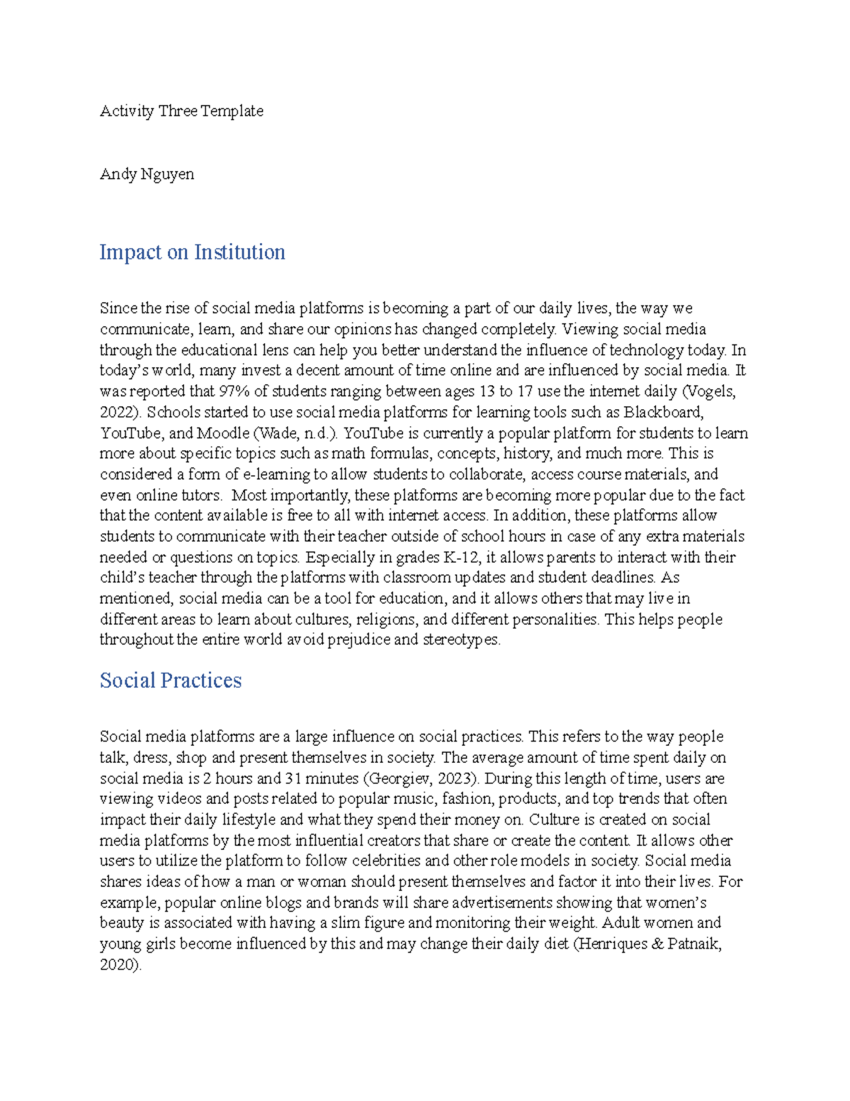 Activity Three: Impact of Social Media on Education and Society - Studocu