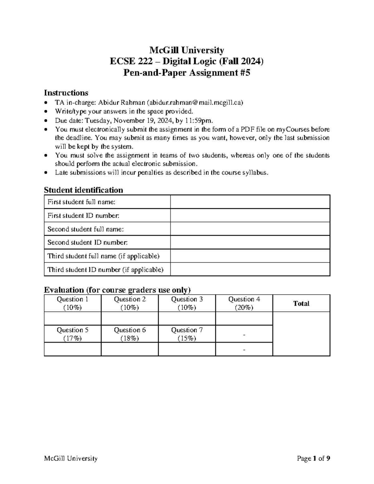 PP5 - F2024 - Solutions for ECSE 222 Digital Logic Assignment 5 - Studocu