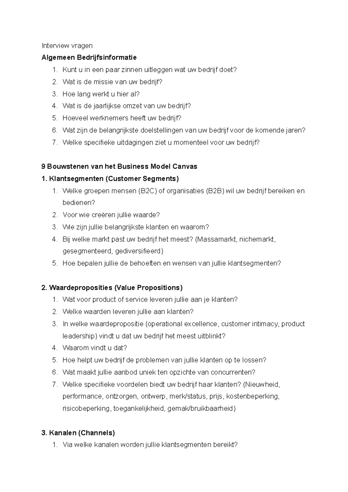 Interview Vragen voor Kleine Bedrijven: Business Model Canvas Insights ...