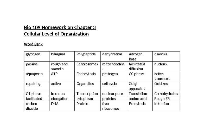 Bio 109 Homework: Chapter 3 - Cellular Level of Organization - Studocu