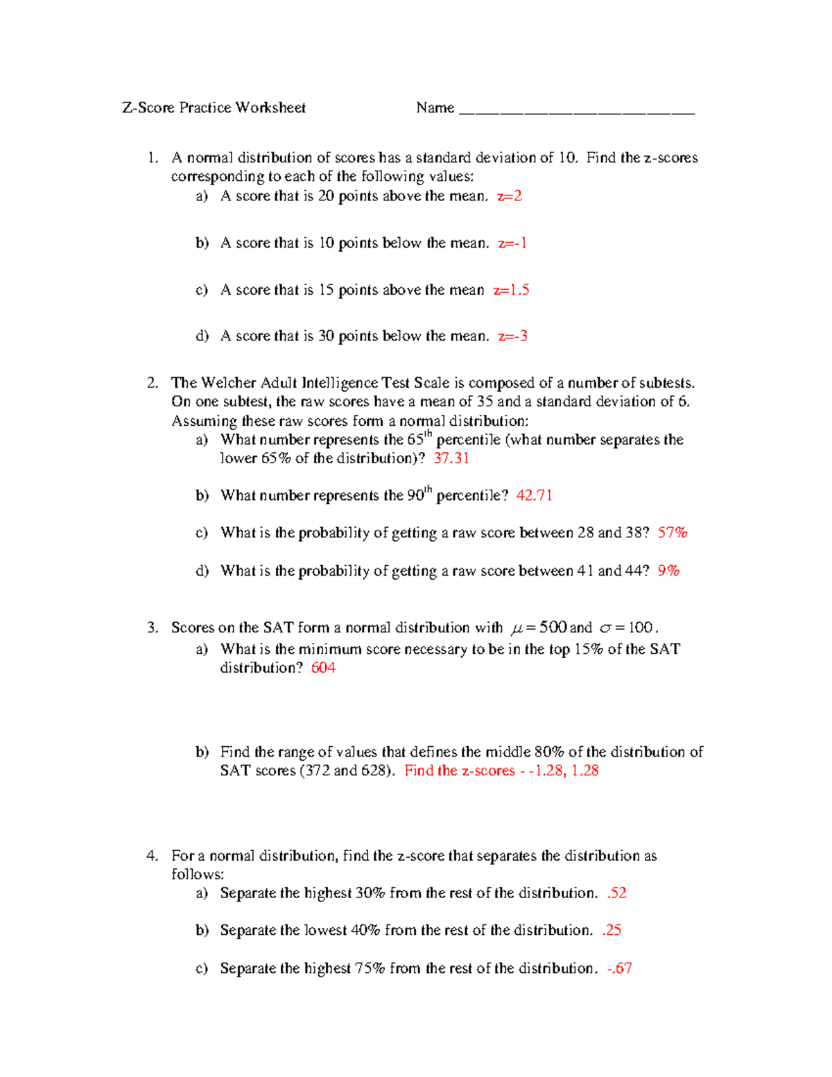 Z score worksheet solutions 1axy8n7 - Z-Score Practice