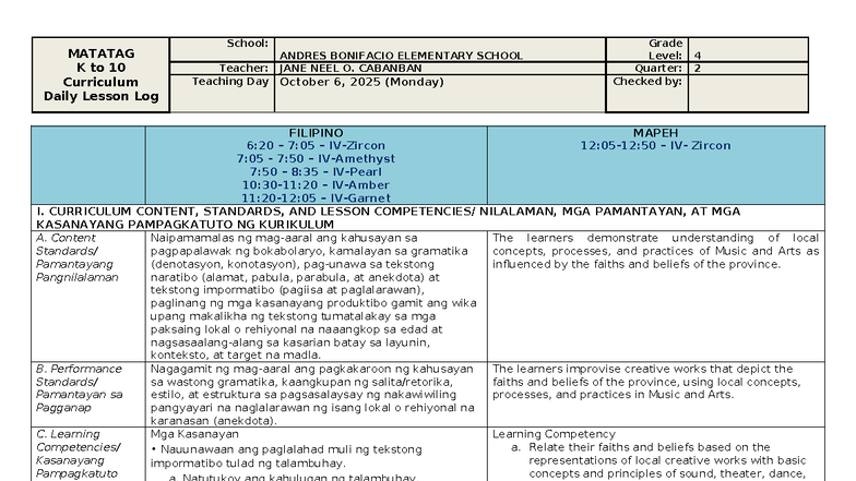MATATAG K to 10 Curriculum Daily Lesson Log: Filipino MAPEH Grade 4 ...