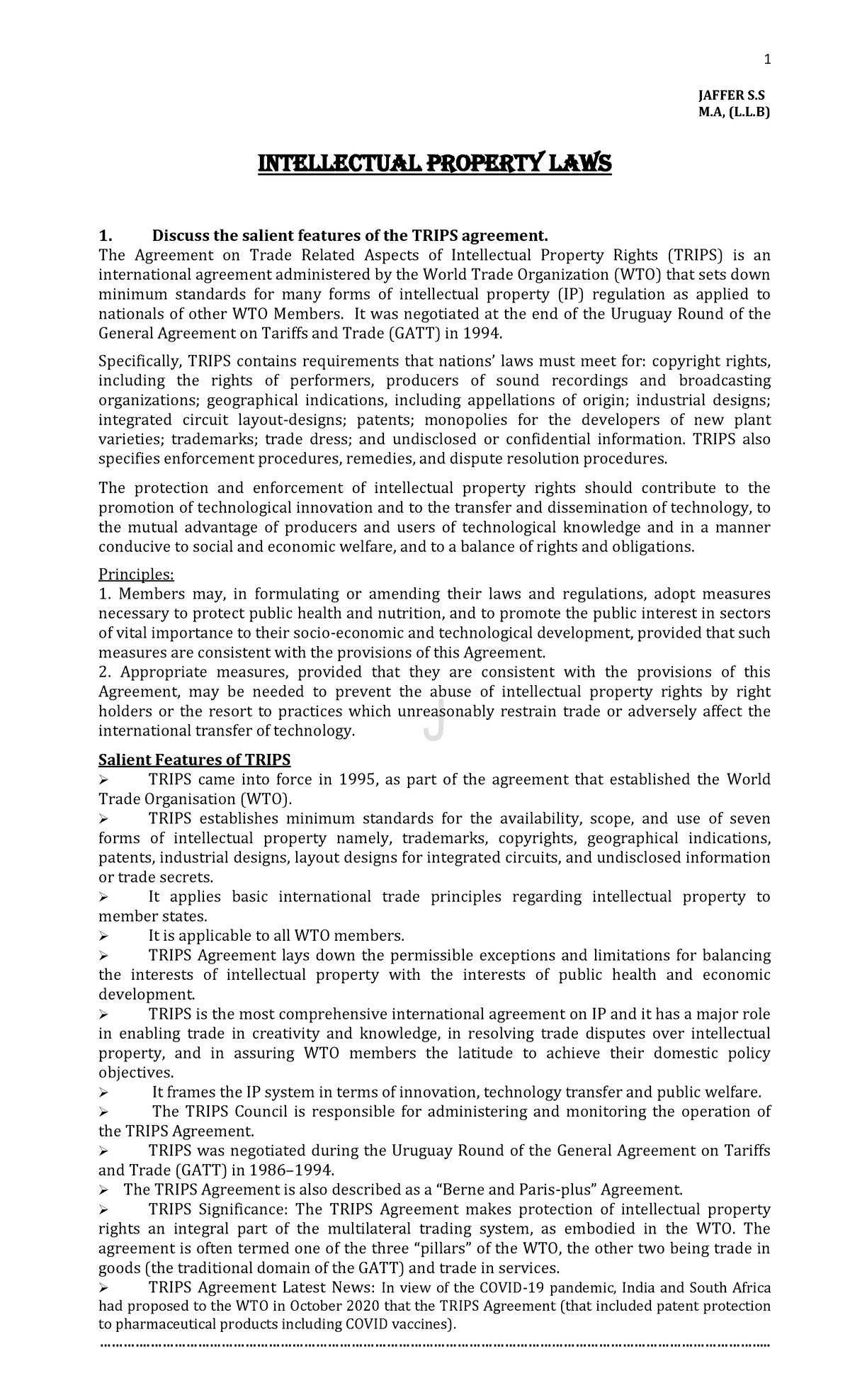 Intellectual Property Laws (1) - Key Features of TRIPS Agreement and ...