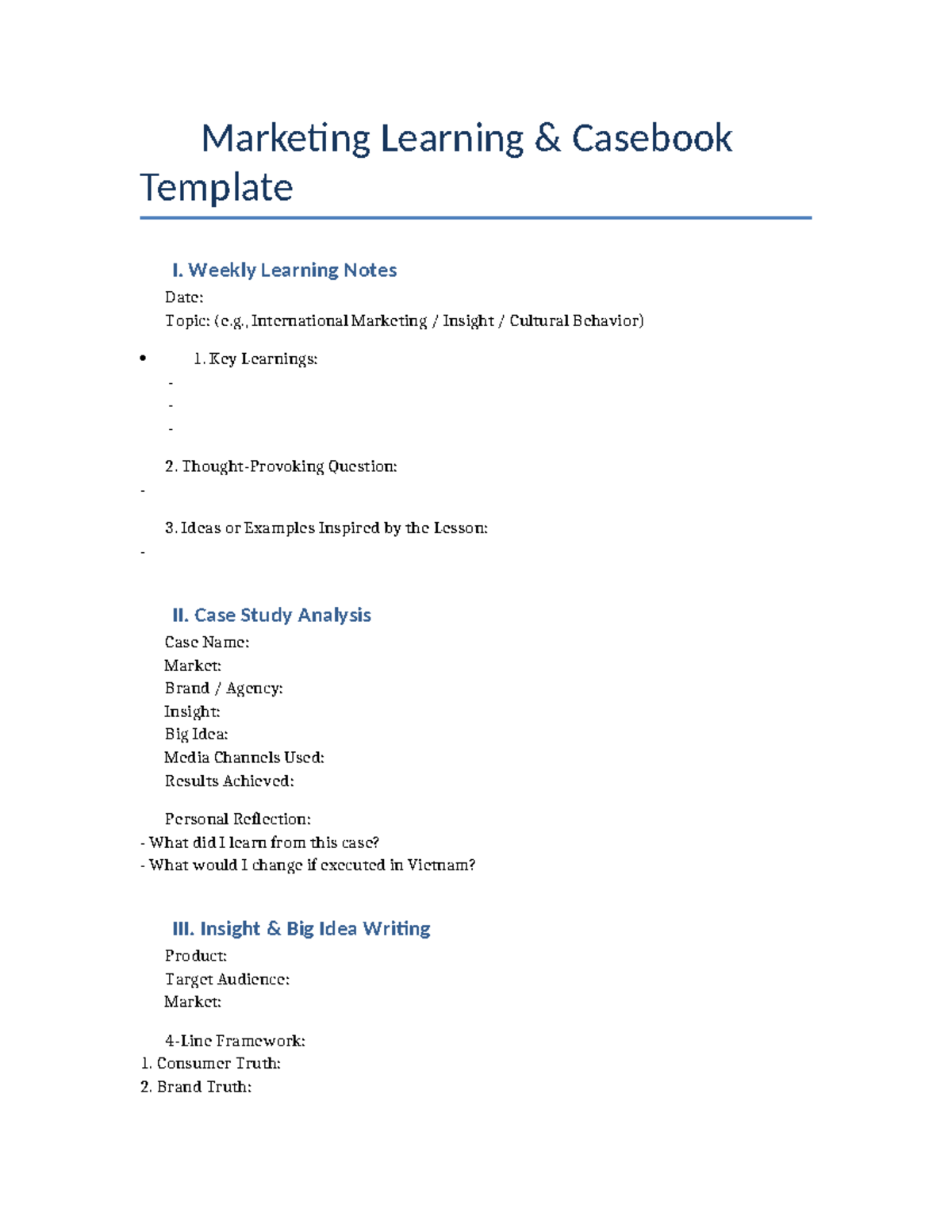 Marketing Learning Casebook Template: Weekly Notes & Case Study ...