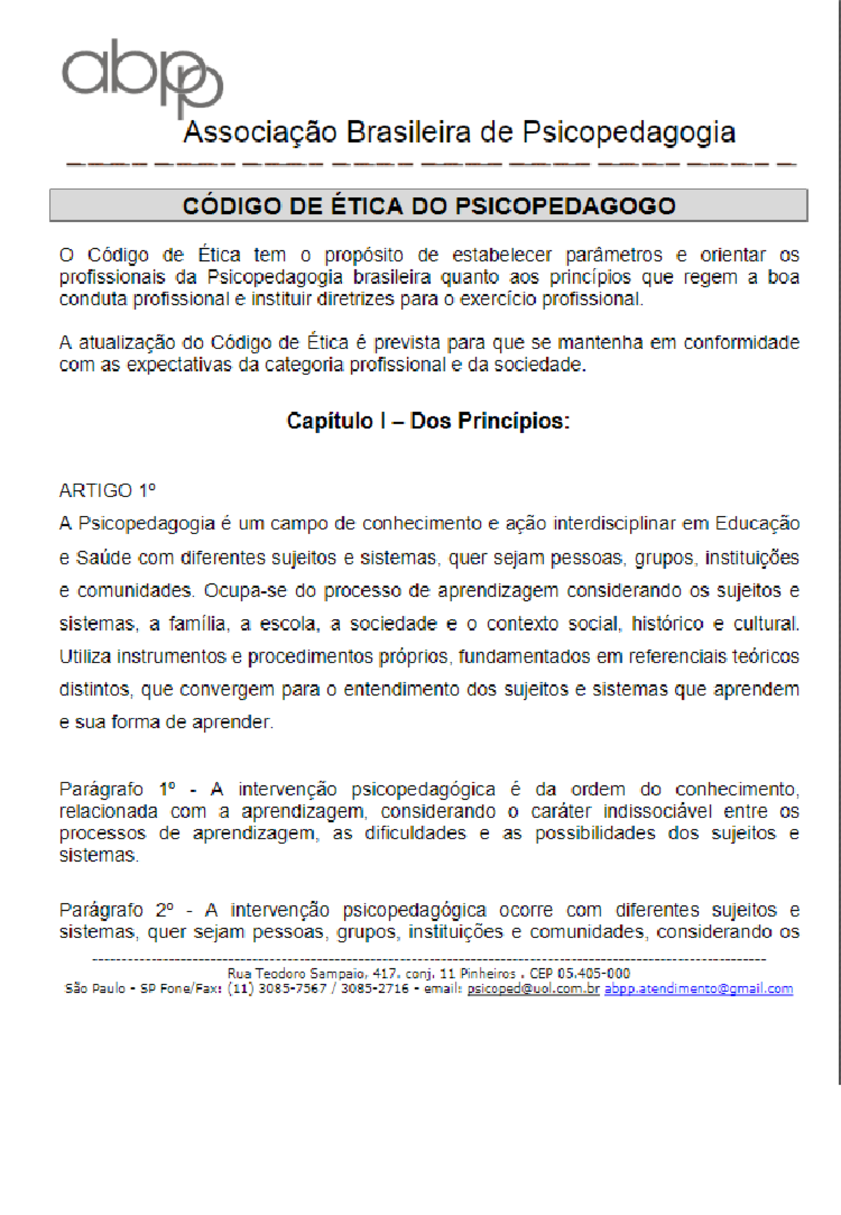 Código de Ética do Psicopedagogo - ABP: Diretrizes e Princípios - Studocu