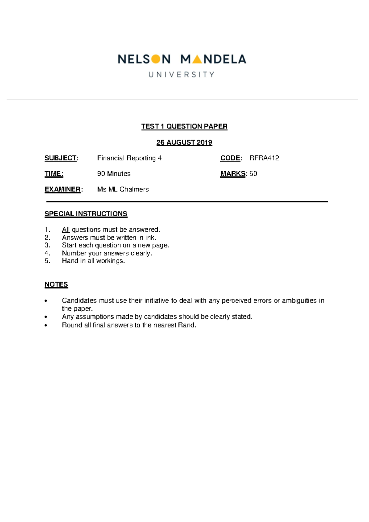 RFRA412 - Financial Reporting Test 1 Questions - August 2019 - Studocu