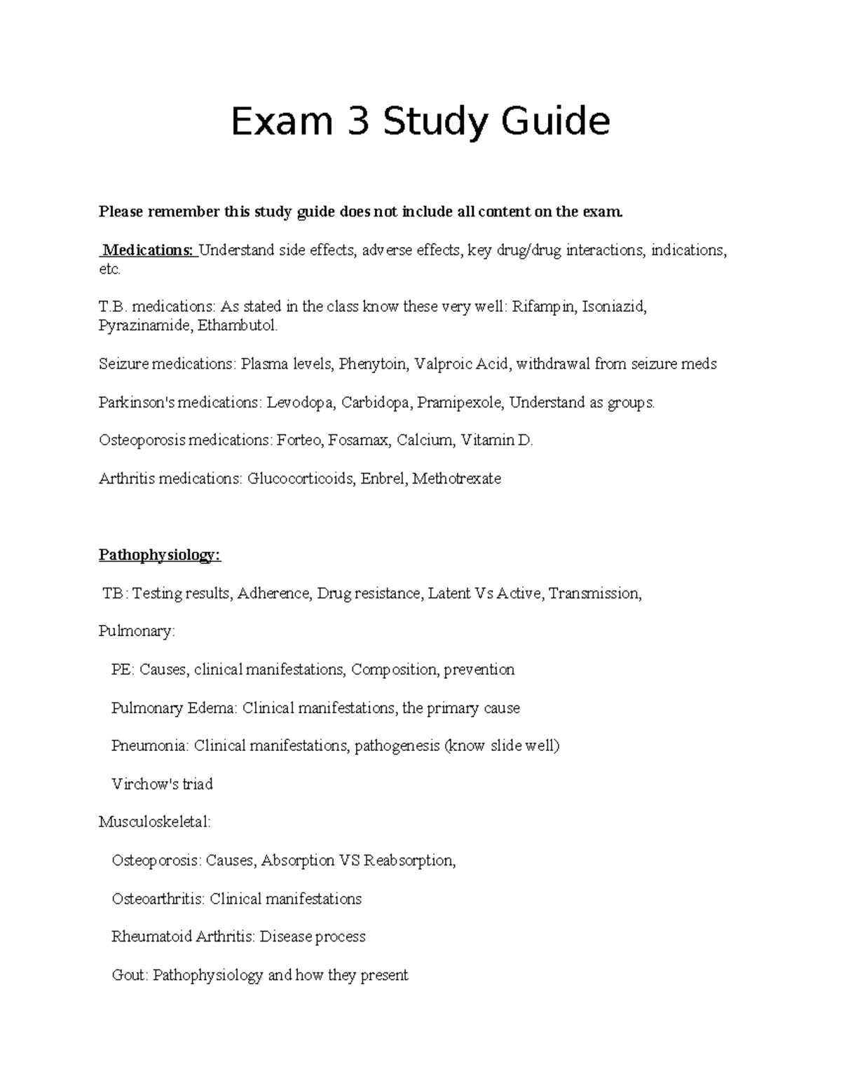 Exam 3 Study Guide - Summary Pathopharmacology For Nursing Practice II ...