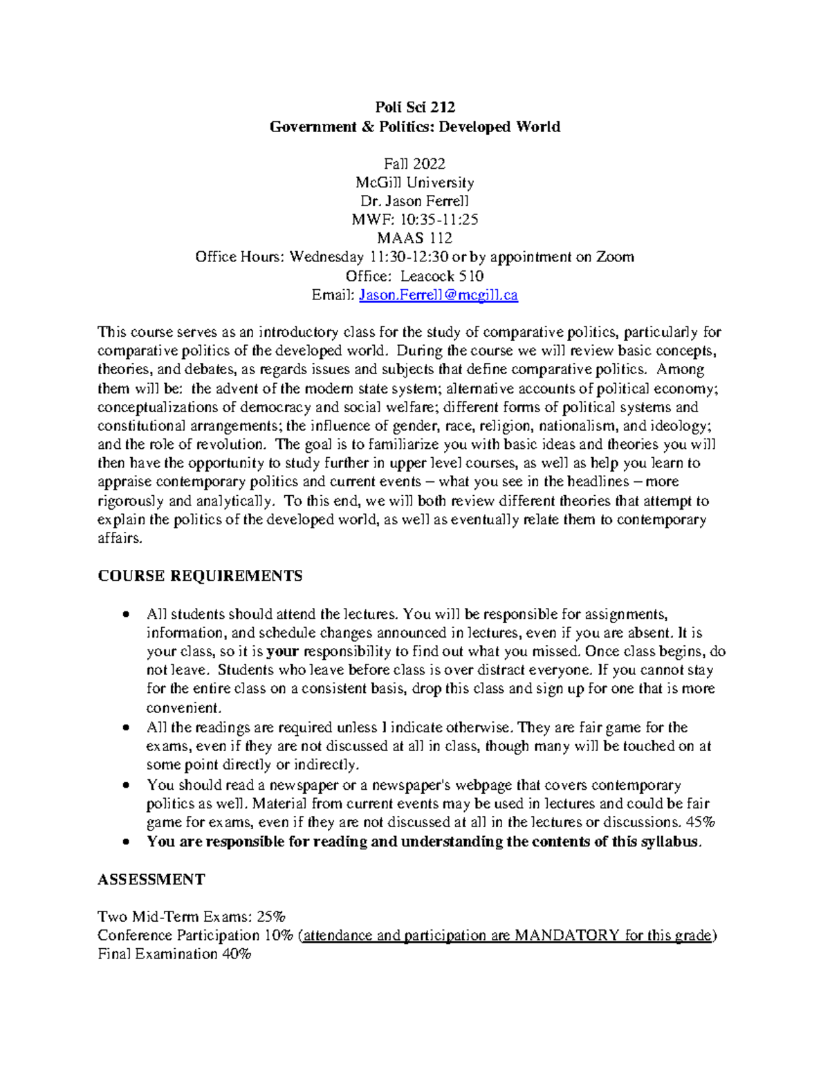 Poli 212 syllabus - Poli Sci 212 Government & Politics: Developed World ...