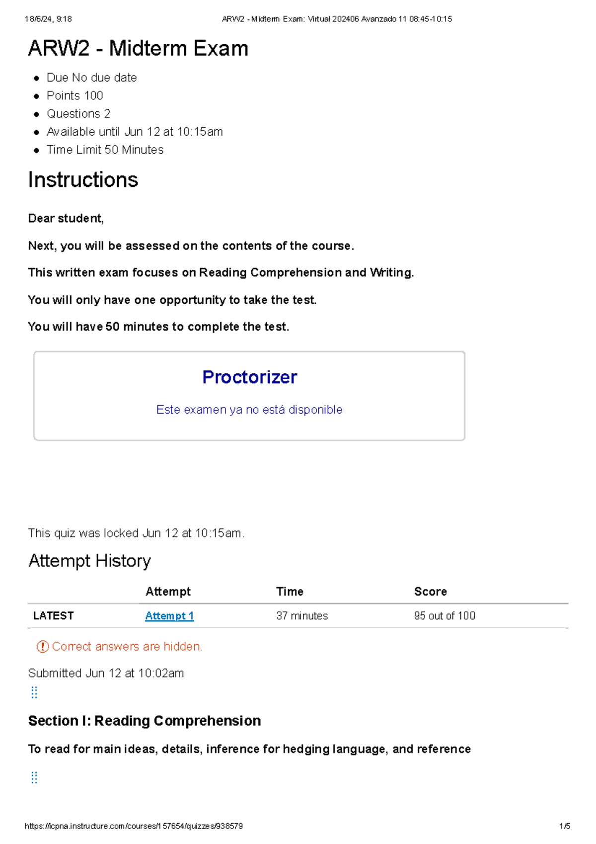 ARW2 - Midterm Exam on Reading & Writing: Animal Intelligence 202406 - Document Preview