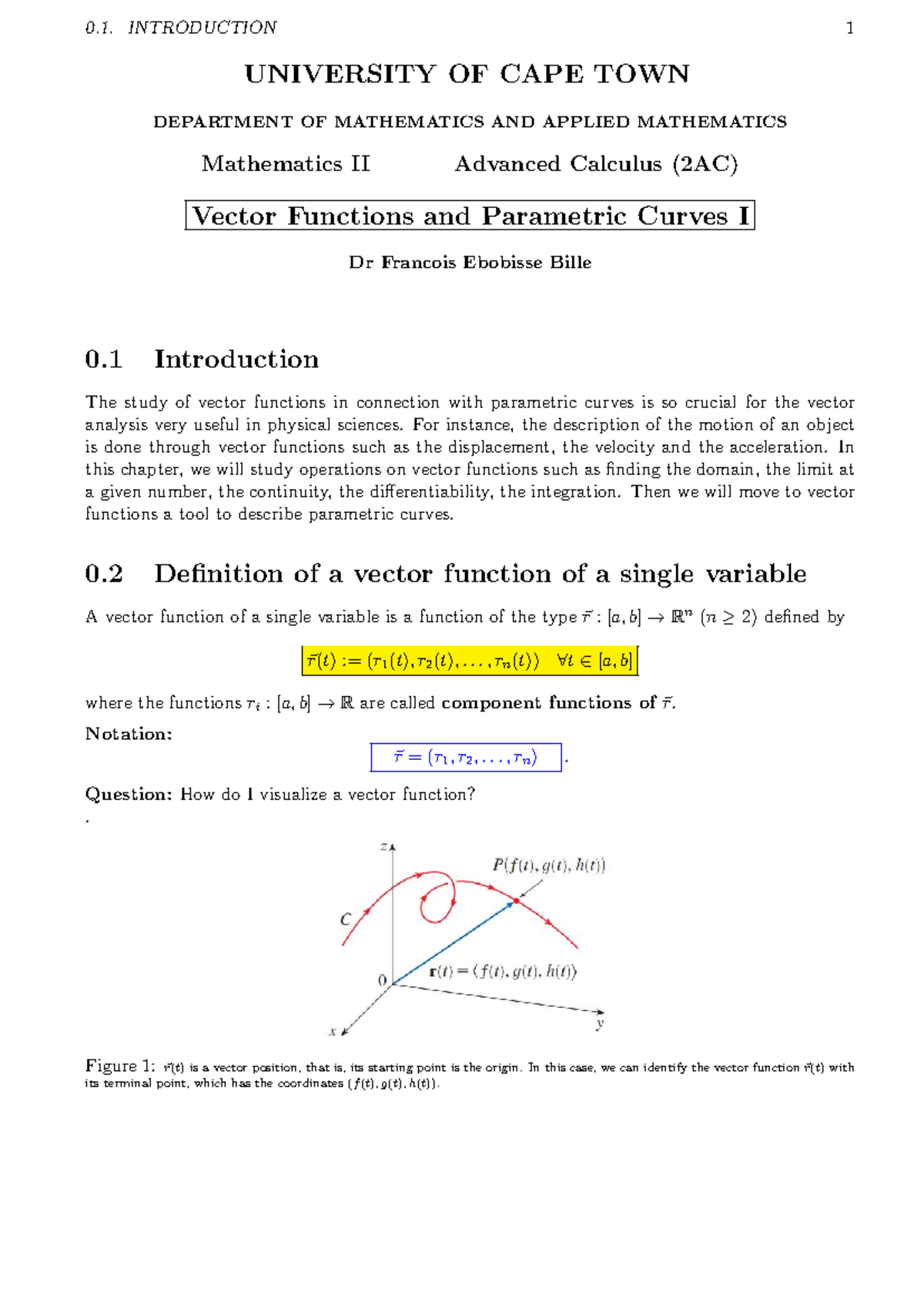 Mathematics II (2AC) Lecture Notes: Vector Functions & Parametric ...