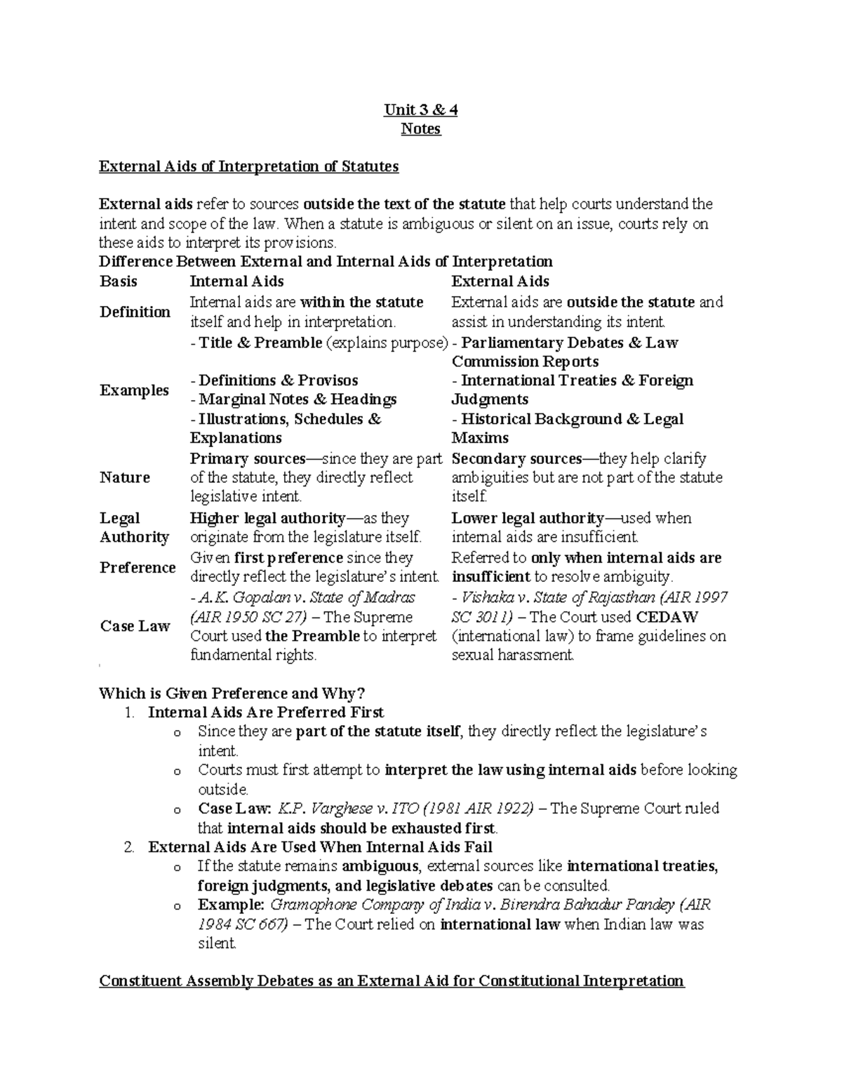 Unit 3 & 4 Notes on External Aids for Statutory Interpretation - GGSIPU ...