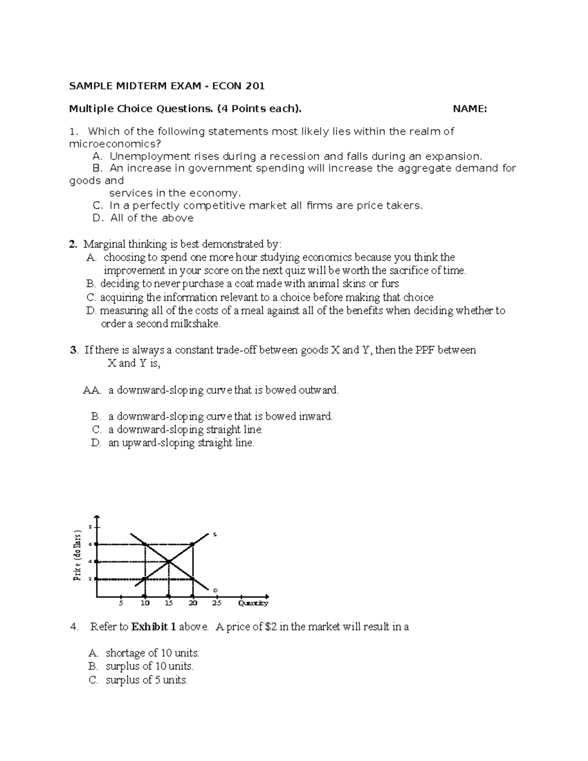 Sample Midterm Exam - ECON 201: Microeconomics & GDP Concepts - Studocu