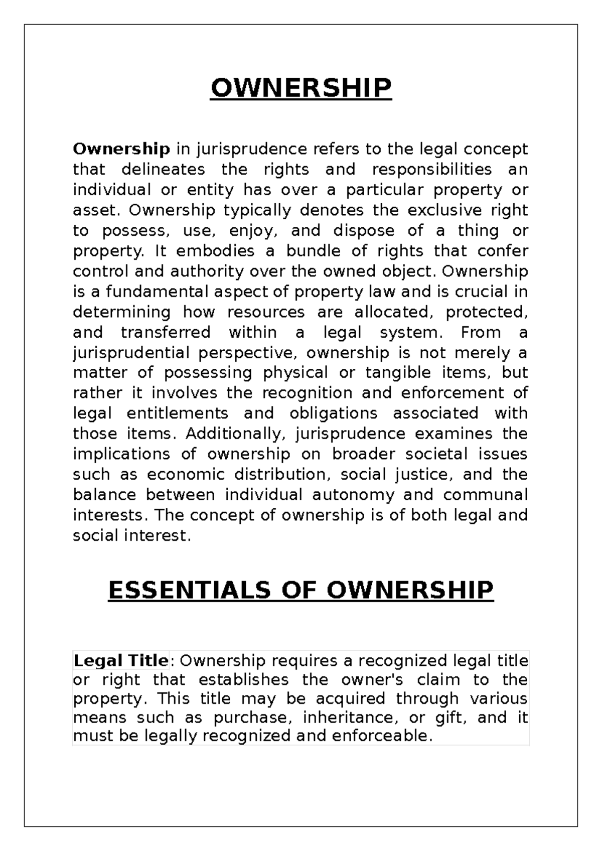 Ownership in Jurisprudence: Key Concepts and Legal Definitions - Studocu