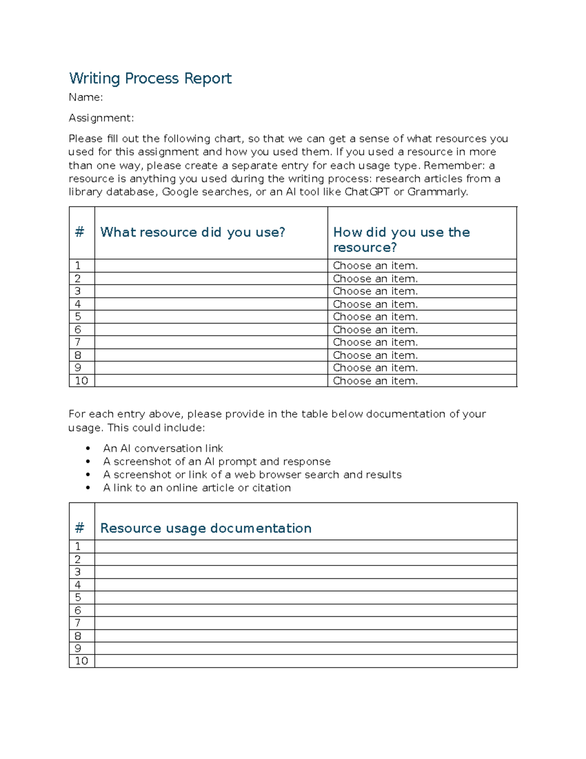 Writing Process Report: Resource Usage Documentation for Assignment 7 ...