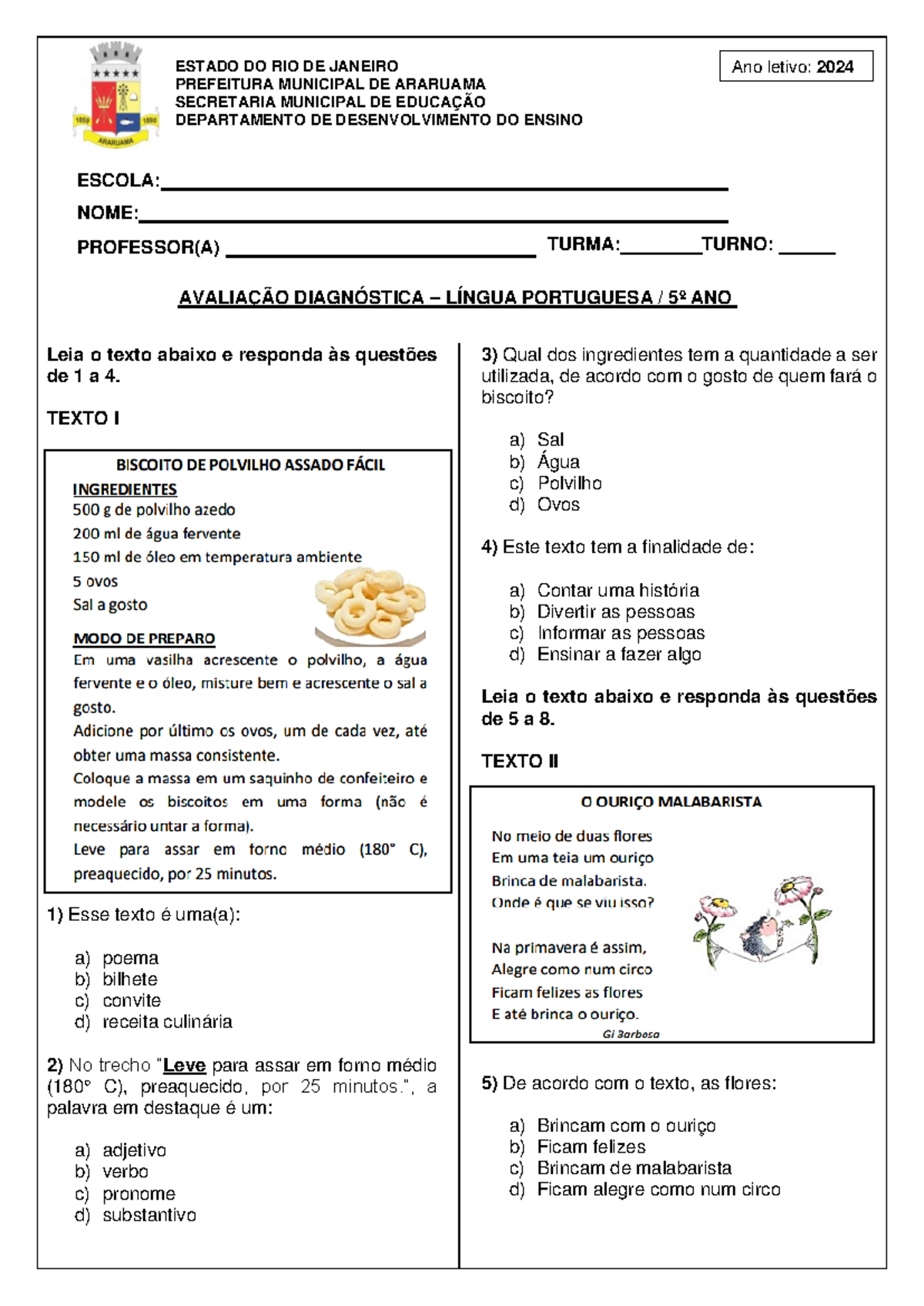 Avaliação Diagnóstica - Português 5º Ano - Av D 2024 - Studocu