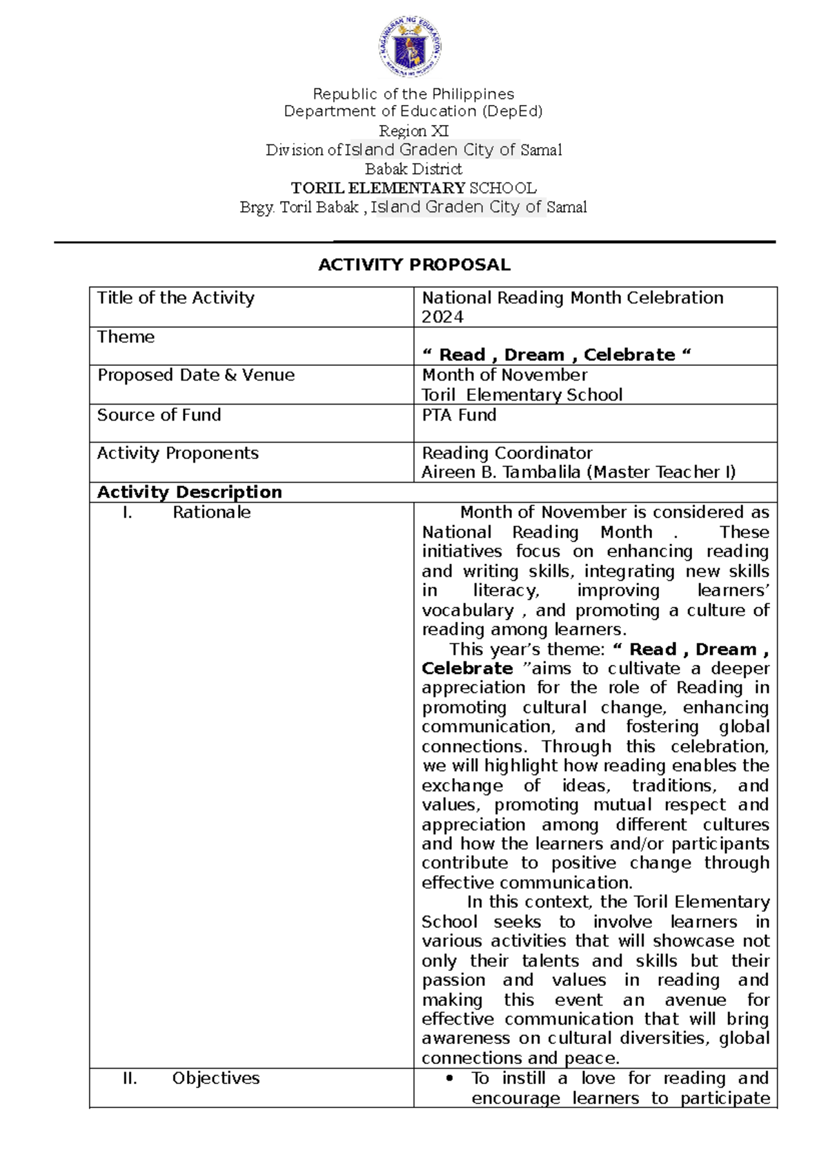 Activity Proposal for National Reading Month Celebration (2024) - Studocu